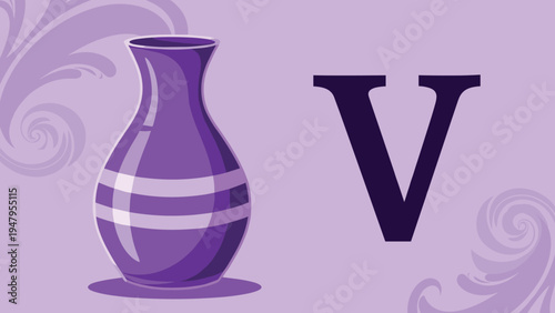 Elegant purple ceramic vase with white stripes is positioned next to a large dark purple capital letter V on a patterned base.