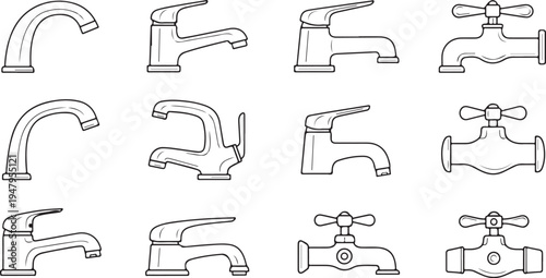 Set of twelve different types of faucets in black and white line style water faucet bathroom faucet