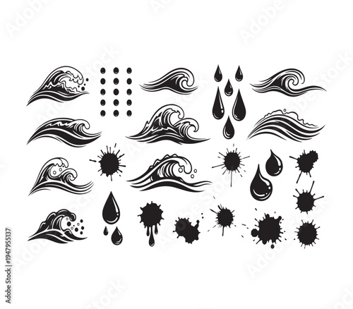 Black and White Water Splash and Wave Design Elements Isolated