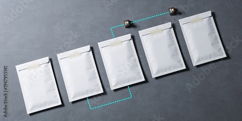 Chain of custody document handoff workflow with sealed evidence packets and cyan checkpoint path on gray review board business banner background