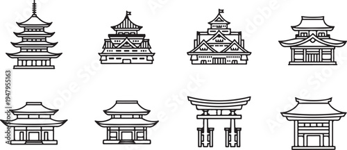 Various traditional japanese pagodas and temple structures in black and white line torii gate