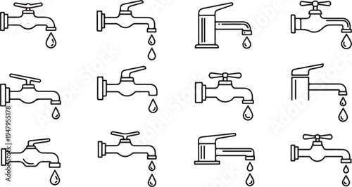 Twelve black and white faucets with dripping water in a grid layout sink