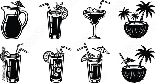 Collection of black and white tropical cocktail icons, summer drink illustrations including pitcher, coconut water, exotic fruit juice, and refreshing beach party beverages.