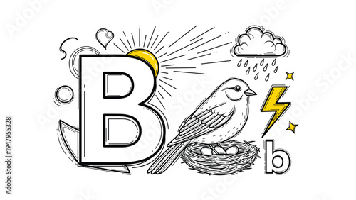 Detailed illustration features a large letter B alongside a bird, a nest with eggs, a sun, and weather symbols.