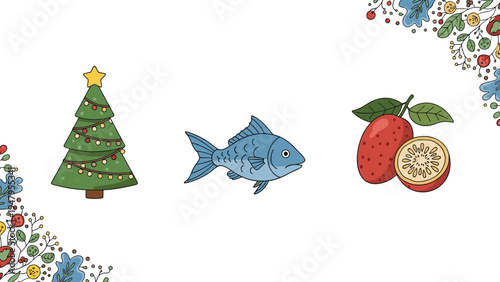 Festive Christmas tree with lights stands next to a blue fish and a red passion fruit on a clean white background.