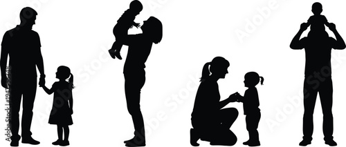 WebParents and children in various caring and playing poses, cad drawing flat vector illustration, happy family silhouettes for lifestyle design.