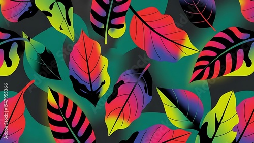 A vibrant and colorful illustration of various leaves with a mix of bright pink, yellow, red, purple, and green hues on a dark green background