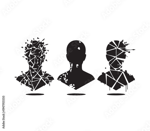 Three shattered silhouette heads with cracked glass effect design illustration