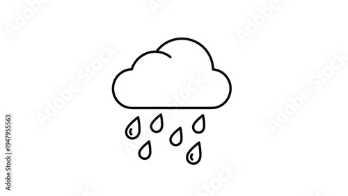 Simple black outline drawing of a fluffy cloud with large falling raindrops on a plain white background for coloring.