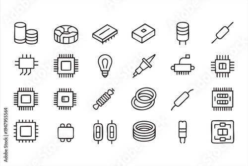 Electronic Hardware Icon Set Featuring Circuit Components Microchips And Electrical Parts