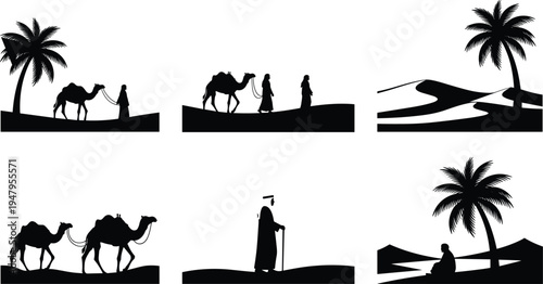 Collection of black people silhouettes in different poses, standing and walking men and women, diverse group of human figures for architectural visualization.