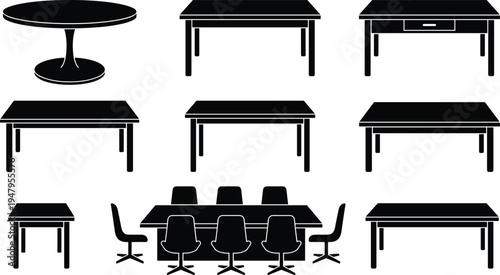 Table silhouette icon set, furniture collection including dining desk and office table shapes, interior design element vector illustration pack