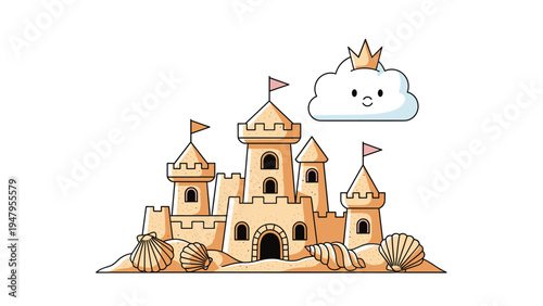 Detailed sandcastle with flags and shells sits on a tropical beach below a smiling cloud wearing a golden crown.