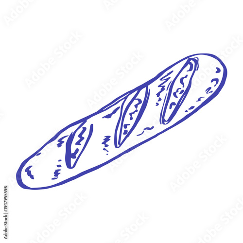 Blue outline baguette illustration isolated on a light background. Simple bread drawing with crisp crust details, inspired by Mediterranean bakery culture and classic artisan food traditions.