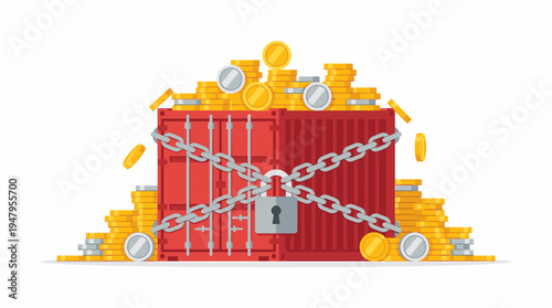 Red Shipping Container Locked with Chains and Piles of Coins