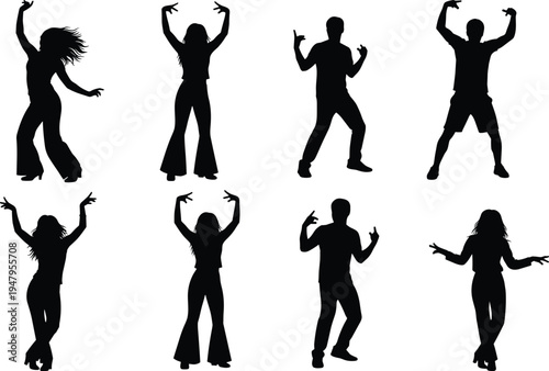 WebPeople silhouette set with men and women dancing and partying in various joyful poses cad drawing flat vector illustration nightlife celebration