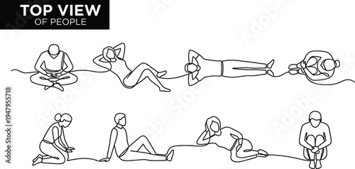 Top view people sitting and relaxing pose set, human overhead perspective collection, casual lifestyle characters for crowd scene, social activity vector illustration