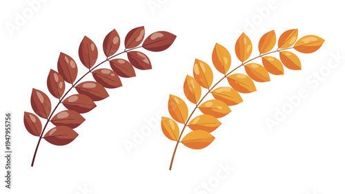 Two branches with small oval leaves in varying shades of brown and orange reflect the colors of the autumn season.