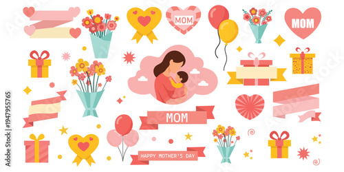 A colorful mothers day sticker set featuring a mother and child surrounded by pink and yellow balloons, flowers, gifts, and hearts