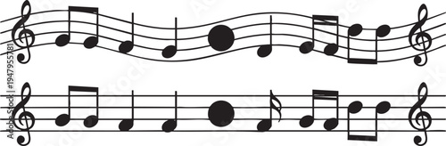Musical Notes and Treble Clefs on Wavy and Straight Staves