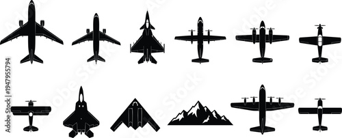 Airplane silhouette collection vector illustration, aircraft top view icons set including passenger jet, fighter plane and propeller aircraft isolated