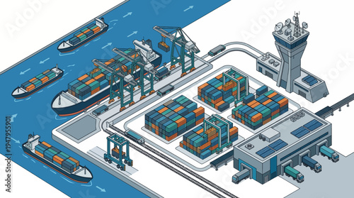 cargo ships docked at a port with cranes and containers.