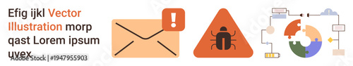 Cybersecurity, online safety, email security, malware detection, data charts, technology concepts. Envelope with alert icon, bug warning triangle and data visualization graphic. Cybersecurity