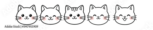 Five cute kawaii cat faces showing happy expressions, presented as a playful vector outline on white.