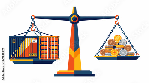 Tariffs on Global Goods and Money on a Balanced Scale Symbolizing International Trade Economics