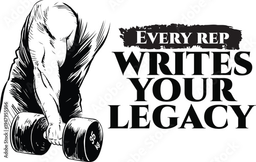 High-impact gym motivation poster featuring a stylized black-and-white illustration of a muscular figure lifting a dumbbell, with a posture and expression that radiate strength, focus, and grit.