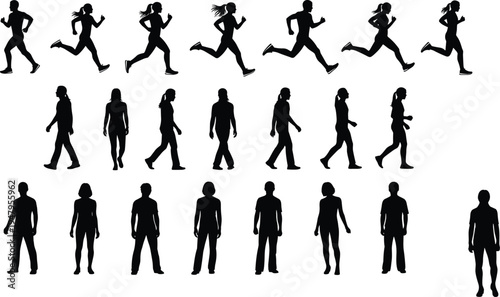 WebPeople silhouette set with men and women running walking and standing in various poses cad drawing flat vector illustration fitness active lifestyle