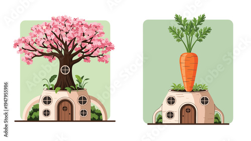 Fantasy houses built into a flowering pink tree and a giant orange carrot stand side-by-side in a garden setting.