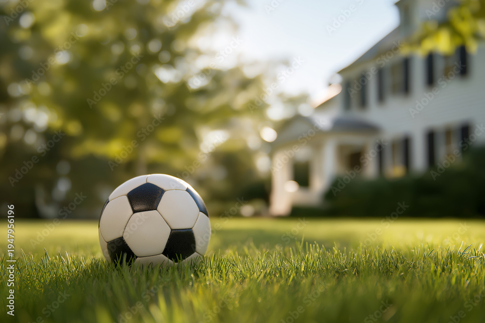 Obraz premium Soccer ball on green grass near large house suitable for sports, real estate, outdoor activities, recreation, lifestyle, and property advertising.
