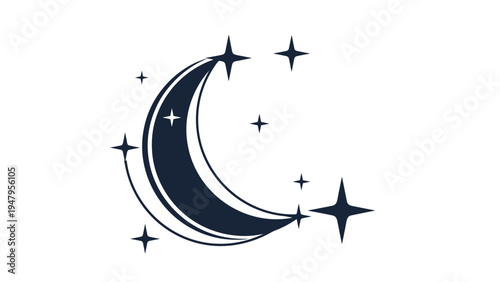 Elegant dark blue crescent moon is surrounded by several twinkling stars of various sizes on a white background.