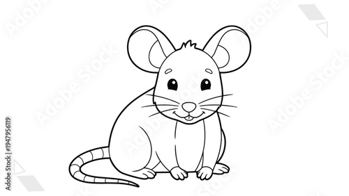 Detailed black outline drawing of a friendly little mouse with large ears and long whiskers for kids to color at school.
