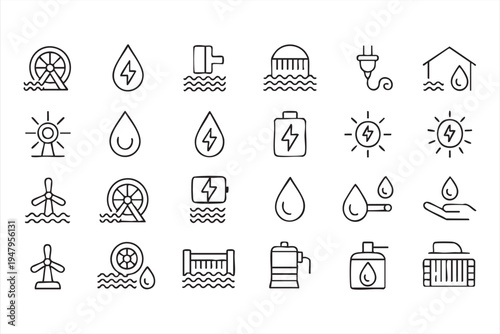 Sustainable Electricity Generation and Water Utility Outline Icons