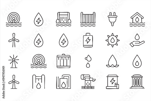 Hydropower Dams and Wind Turbines Minimal Line Icon Pack