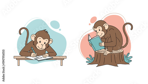 Two studious monkeys are engaged in academic activities, one writing in a notebook and the other reading a book.