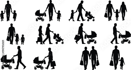 WebPeople silhouette set with parents walking children pushing strollers and carrying shopping bags cad drawing flat vector illustration family lifestyle