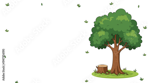 Large leafy green tree stands in a grassy field next to a cut wooden stump with small green shoots scattered around.