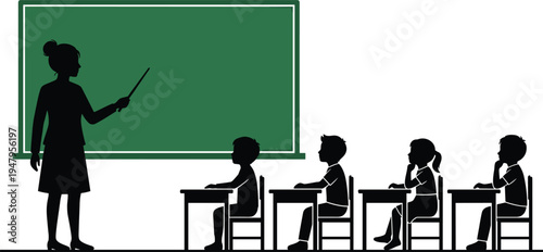 Teacher silhouette teaching students in classroom, school kids sitting at desks, educational learning lesson, chalkboard background, elementary study, academic instruction, kids.