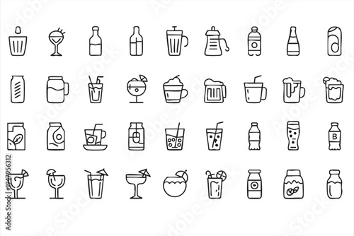 Modern Cafe Drinks and Refreshment Vector Line Icon Pack