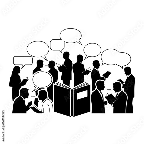 Business people discussing around a lectern.
