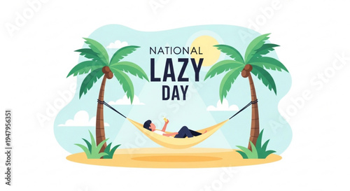 Person relaxing in hammock on beach for national lazy day with palm trees