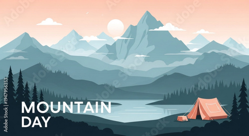 Serene mountain landscape with tent by lake at sunset mountain day written in white