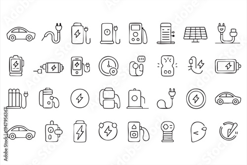 Electric Vehicle Charging Station and Battery Line Icon Set