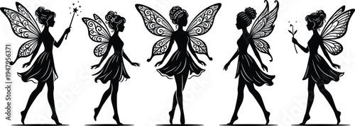 Set of five beautiful fairy silhouettes with ornate wings holding magic wand and flower isolated on white background for fantasy.