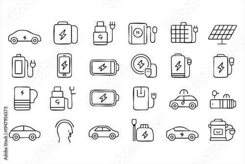 EV Car Power Supply and Rechargeable Battery Outline Icons