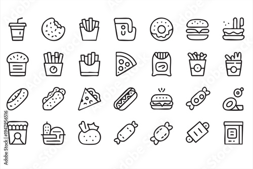 Fast Food and Junk Food Line Icons for Takeaway Menus