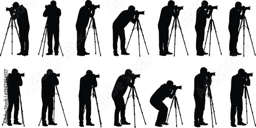 WebProfessional photographer silhouettes set with camera and tripod cad drawing flat vector illustration of videographer filming in various poses.